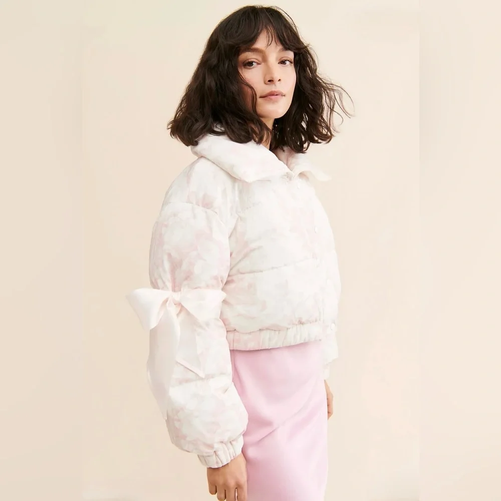 Selkie The Castle Pink Floral Marshmallow Puffer Womens Large Jacket- coquette - Picture 1 of 16